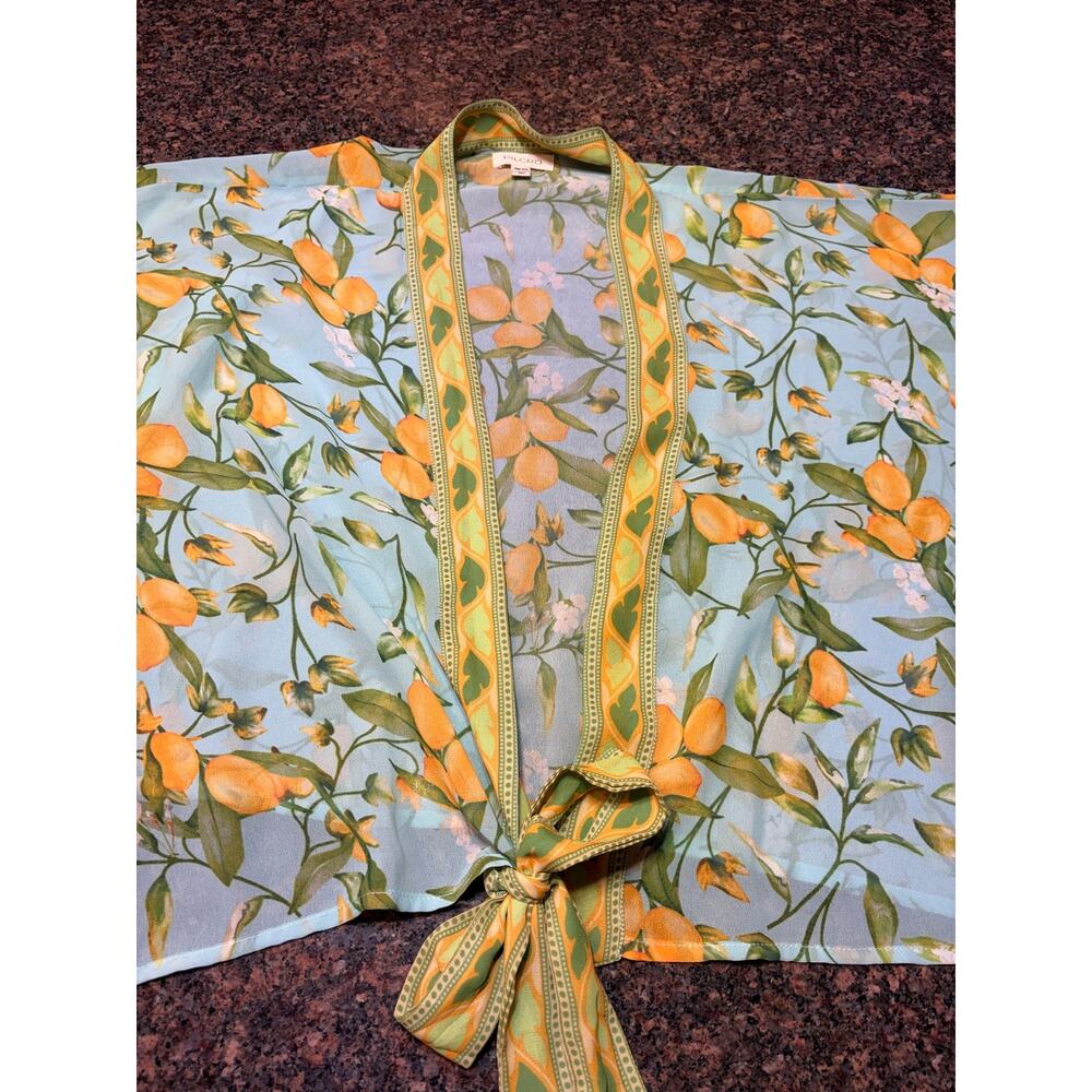 Anthropologie Pilcro Kimono Aqua Blue Lemon Print Lightweight Boho Beachy OS - Picture 14 of 15
